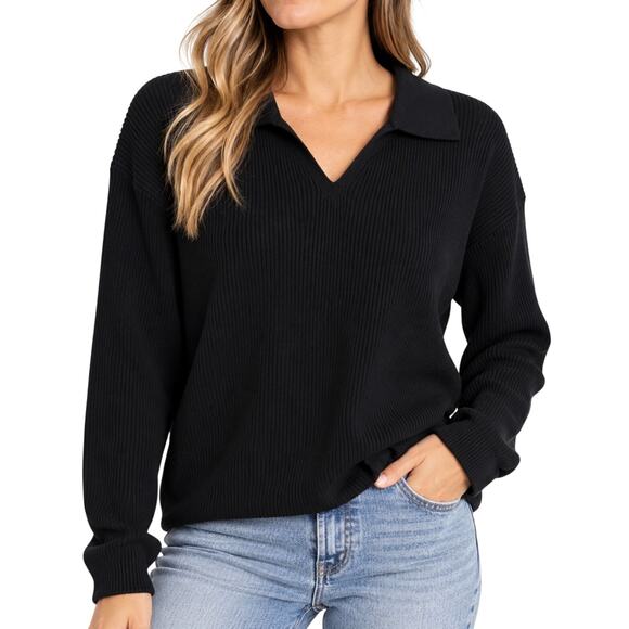 Uniqlo Sweaters - UNIQLO Women’s XL Black Ribbed Knit Collared V Neck Long Sleeve Sweater